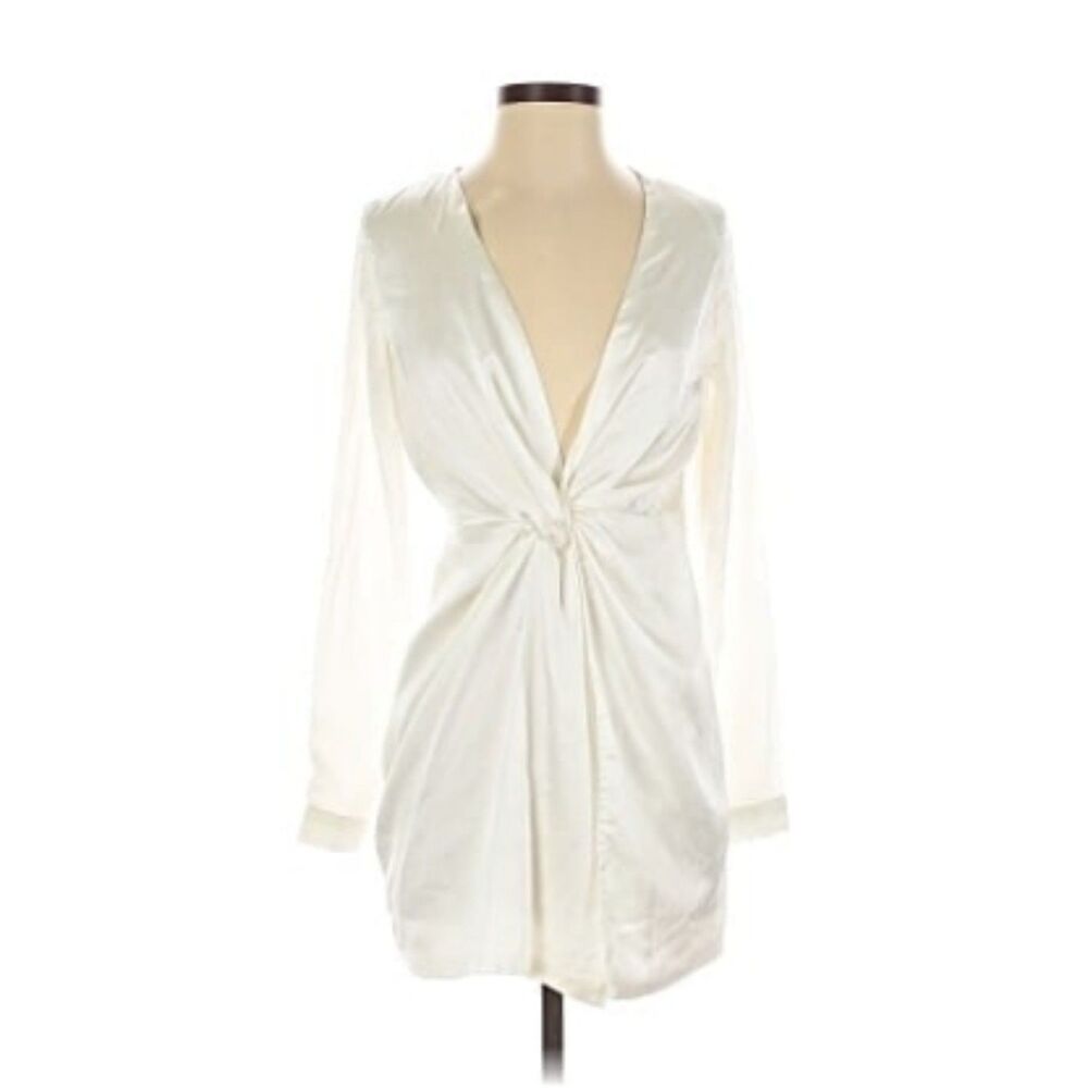 Fashion Nova silky white satin mini dress plunge neckline long sleeve size XS